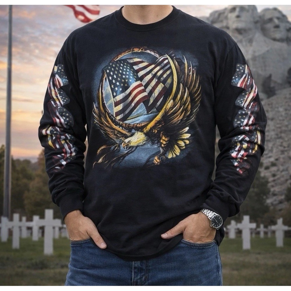 Delta Pro Weight Graphic Tee Mens Large‎ Black Eagle American Flag LS